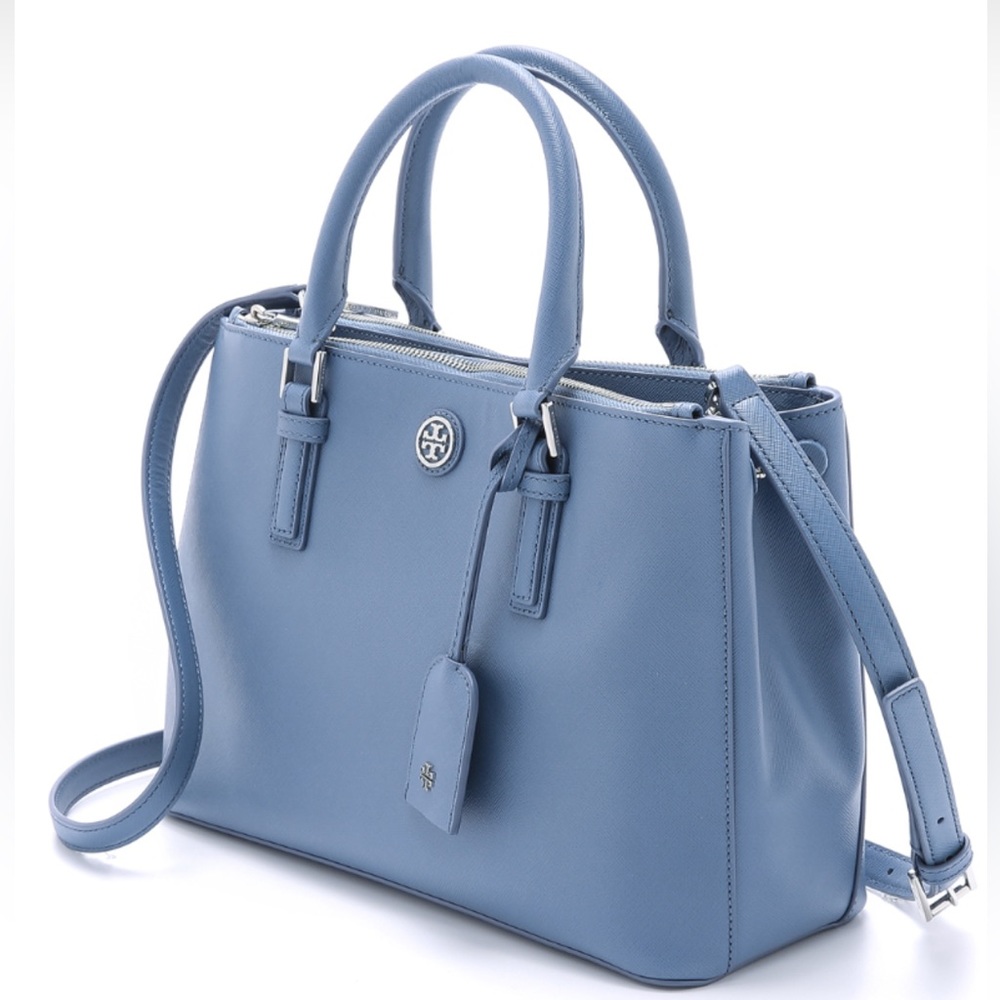 Tory Burch Robinson Double Zip Tote Crossbody Blue Saffiano Leather $495
